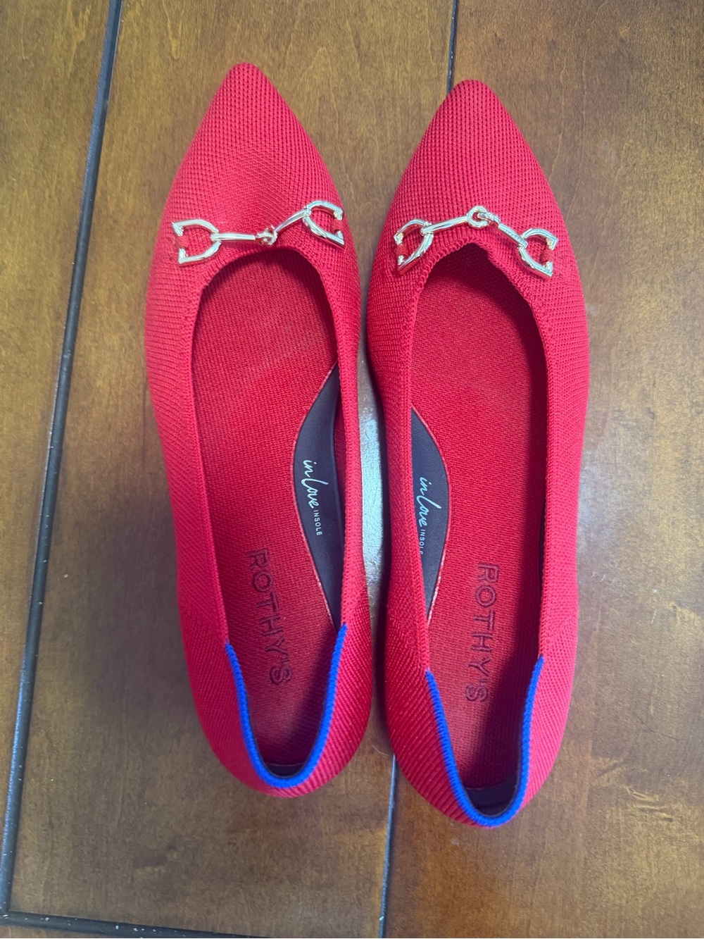 Rothy's Red Pointed Toe Ballet Flat with Gold Horsebit